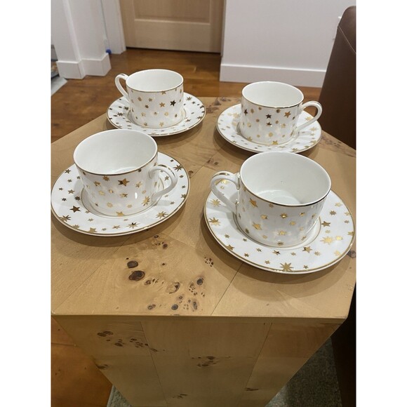 Sakura Galaxy White Cup and Saucer 14K Gold Stars Dinnerware Set Of 4 - 8 TOTAL - Picture 1 of 6